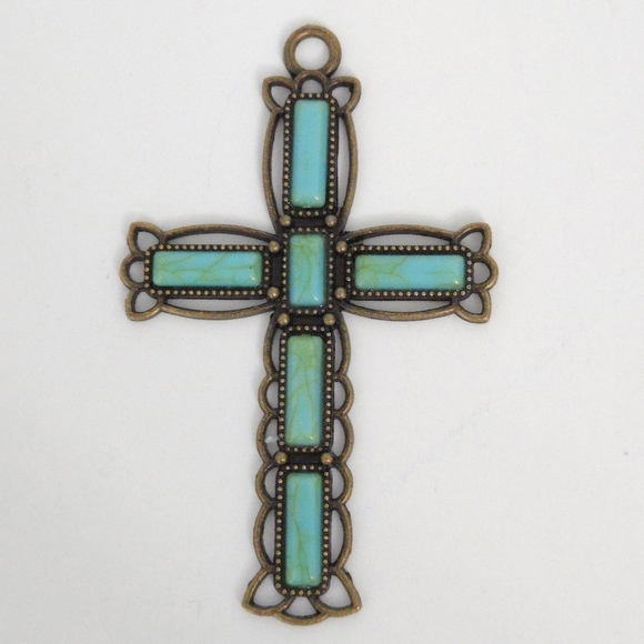 Large Christian Cross Turquoise Black Silver Pendants for Necklaces (Set of 2) - Picture 5 of 7